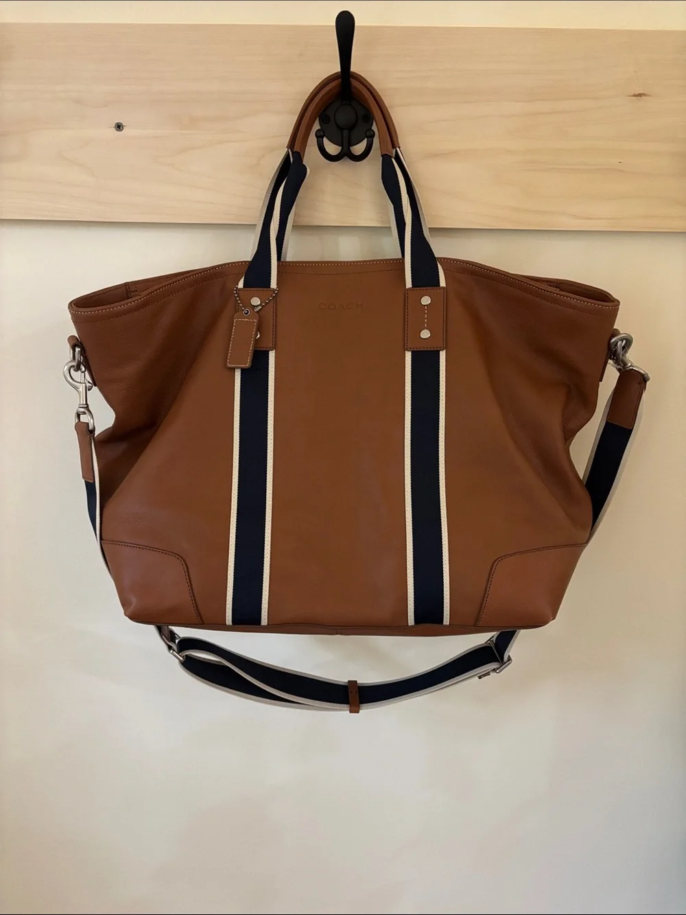 Coach Brown Leather Duffel with Navy and Cream Straps